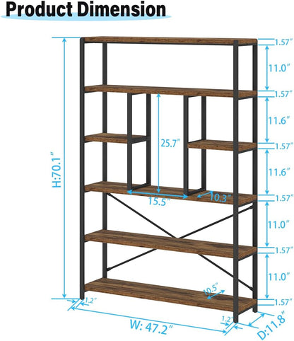 LVB Rustic Bookcases and Book Shelves, Metal Wood 6 Tier Bookshelf and Book Rack Storage