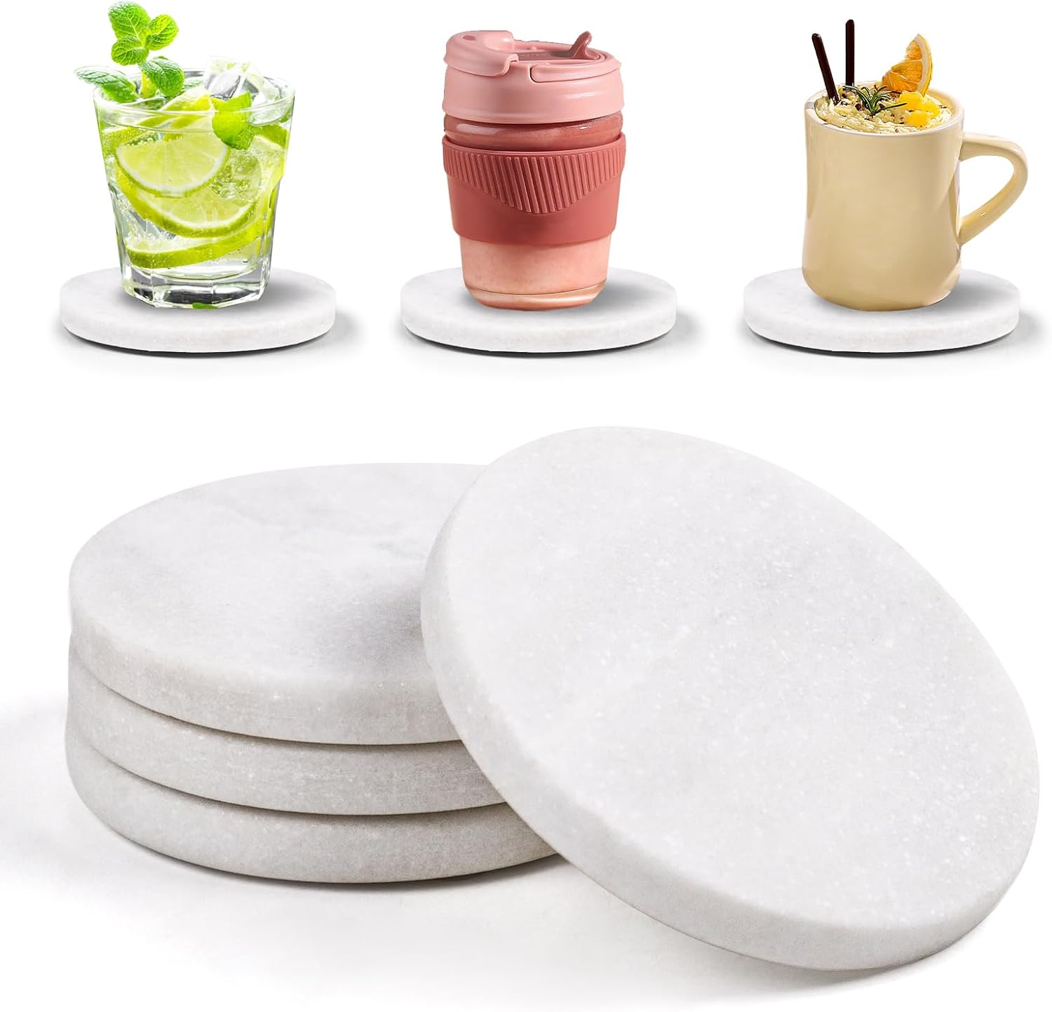 White Marble Coasters with Bling Particles, Set of 4 - Natural Marble Stone Drink Coaster with