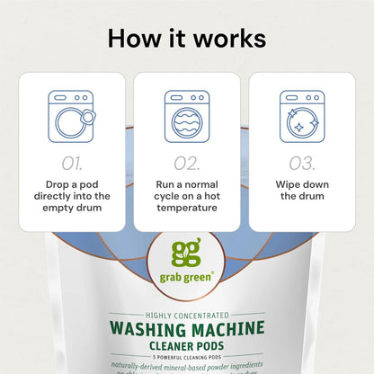 Grab Green Washing Machine Cleaner, 5 Count, Fragrance Free, Mineral Based Removes Deposits and
