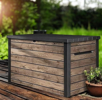 Outdoor Storage Box, Wood-Look Resin Deck Container, Indoor/Outdoor Storage, Ash Wood Brown (230