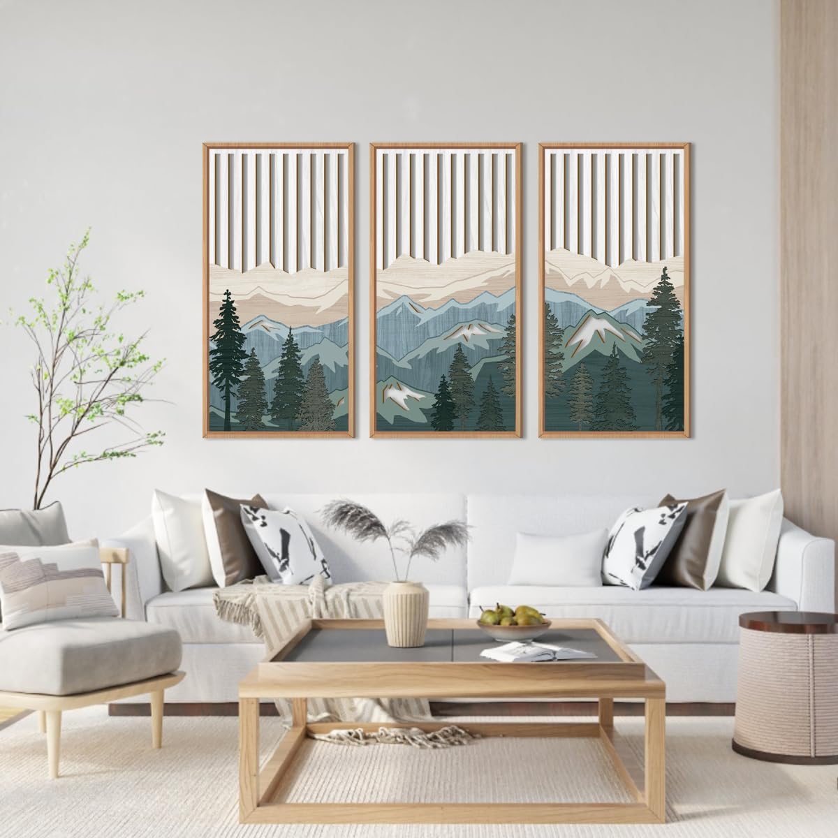 IARTTOP Large Mountain Wood Wall Art Framed Decor Set Of 3, Modern Mountain Landscape Wall Art