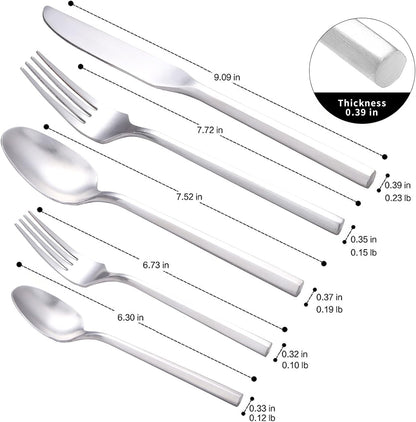 Matte Silverware Set Silver Flatware Set with Hexagon Handle 20 Pieces 18/0 Stainless Steel Cutlery