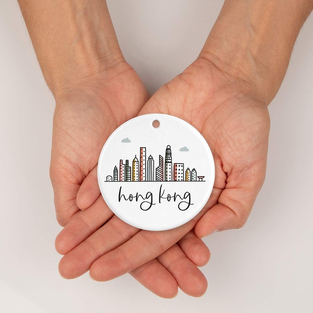 Andaz Press Round Ceramic Porcelain Christmas Tree Ornament Keepsake Gift, Hong Kong, Colorful