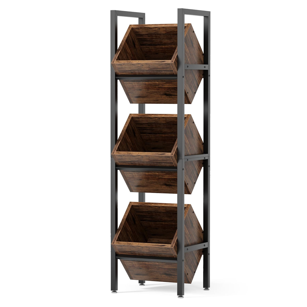 LITTLE TREE 3-Tier Basket Stand, Wooden Floor Stand Shelving Unit, Standing Organizer Storage Rack