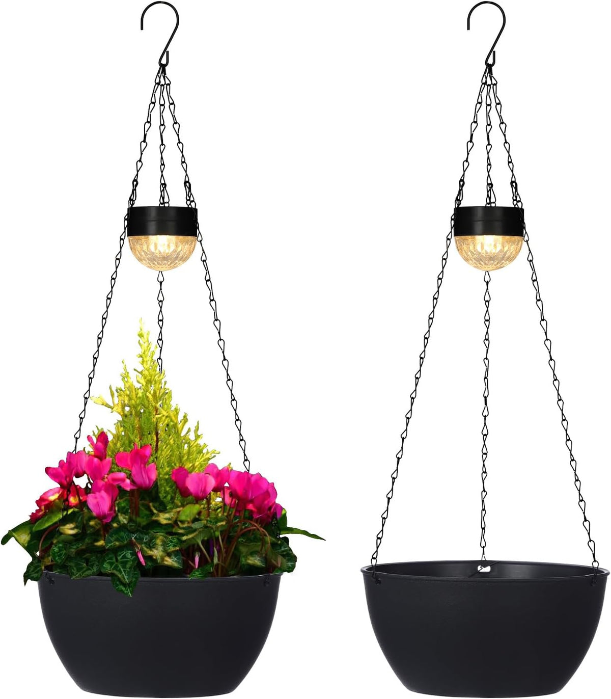 2 Packs Solar Hanging Basket Planters for Plants Outdoor, Self Watering Black Flower Plants Pots