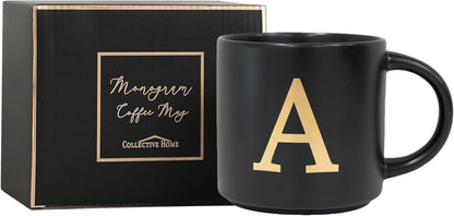 COLLECTIVE HOME - Monogram Ceramic Mugs, 15 oz Golden Initial Black Coffee Cups, Elegant Alphabet