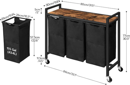 HOOBRO Laundry Sorter 3 Section, Laundry Hamper with Wheels, 3 × 11.5 Gal (43.5 L), Rolling Laundry