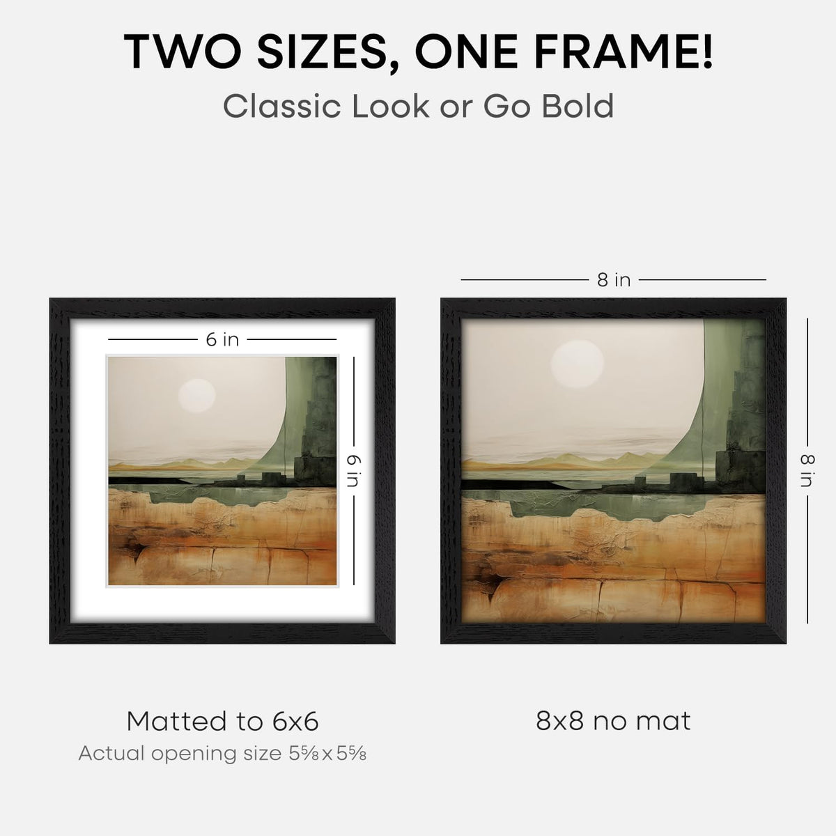 Homeforia 8x8 Picture Frame Black Wood, High-End Oak 8 x 8 Square Frames with Mat 6 by 6 inch