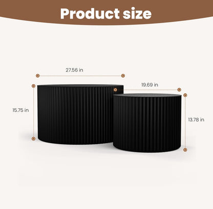 Round Nesting Coffee Table Wood Drum Nesting Tables Modern Stacking Coffee Table Set of 2 Fluted