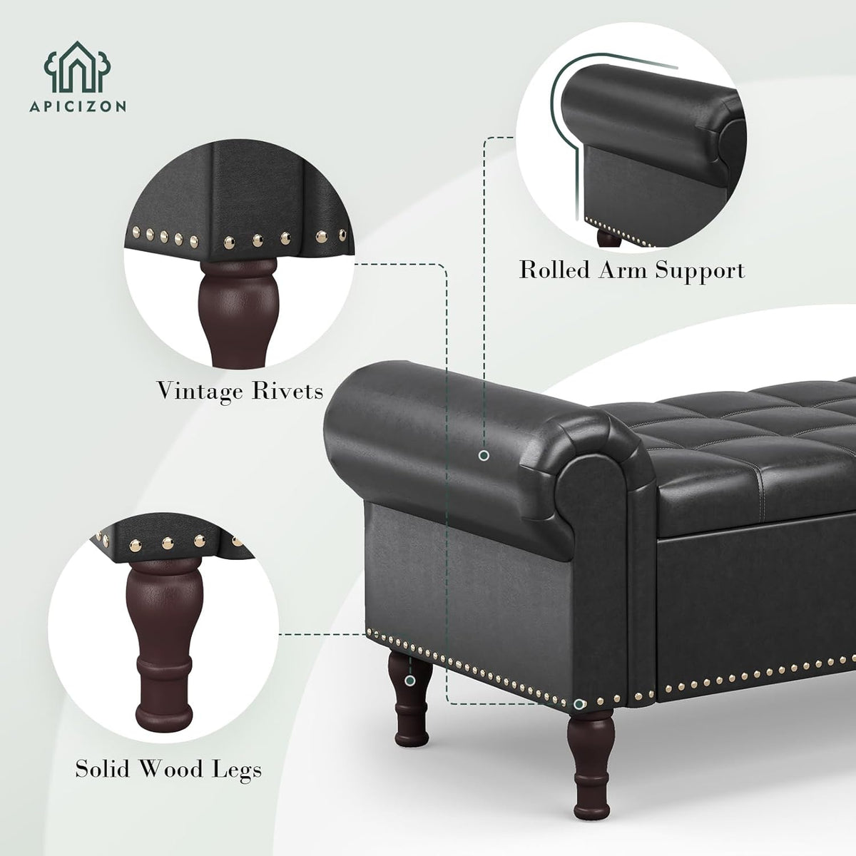 Apicizon 60”Storage Benches, Queen Size Faux Leather Bed Bench with Tufted Button, Upholstered