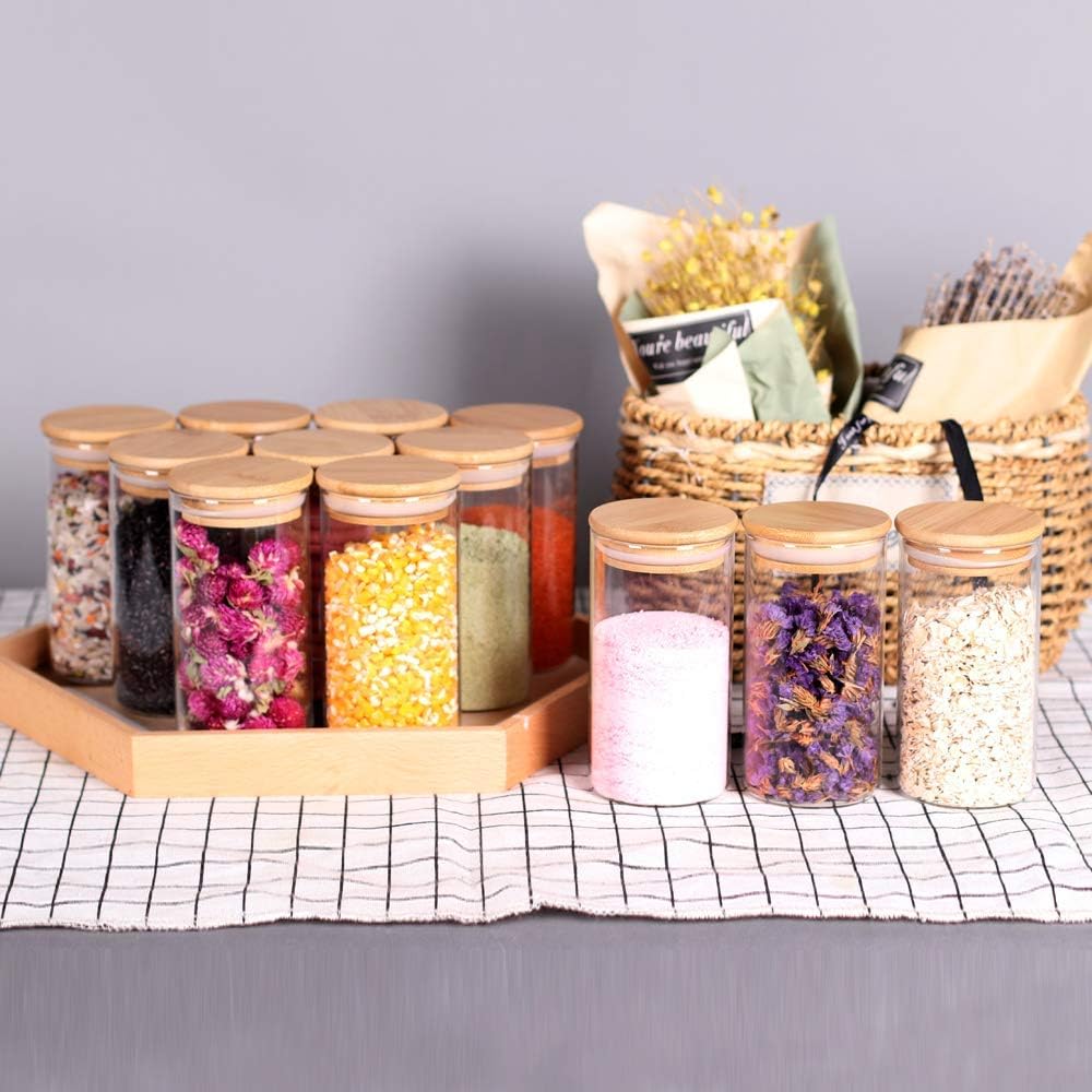 12 Pcs Glass Spice Jars - 8.5oz Empty Small Glass Bottles with Bamboo Airtight Lids and Labels