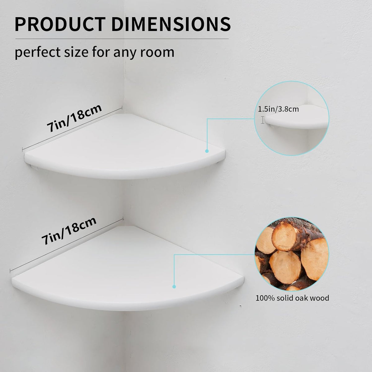 Corner Shelf, White Floating Corner Shelf, Set of 2 7inch Solid Oak Wood Corner Wall Shelves, Round