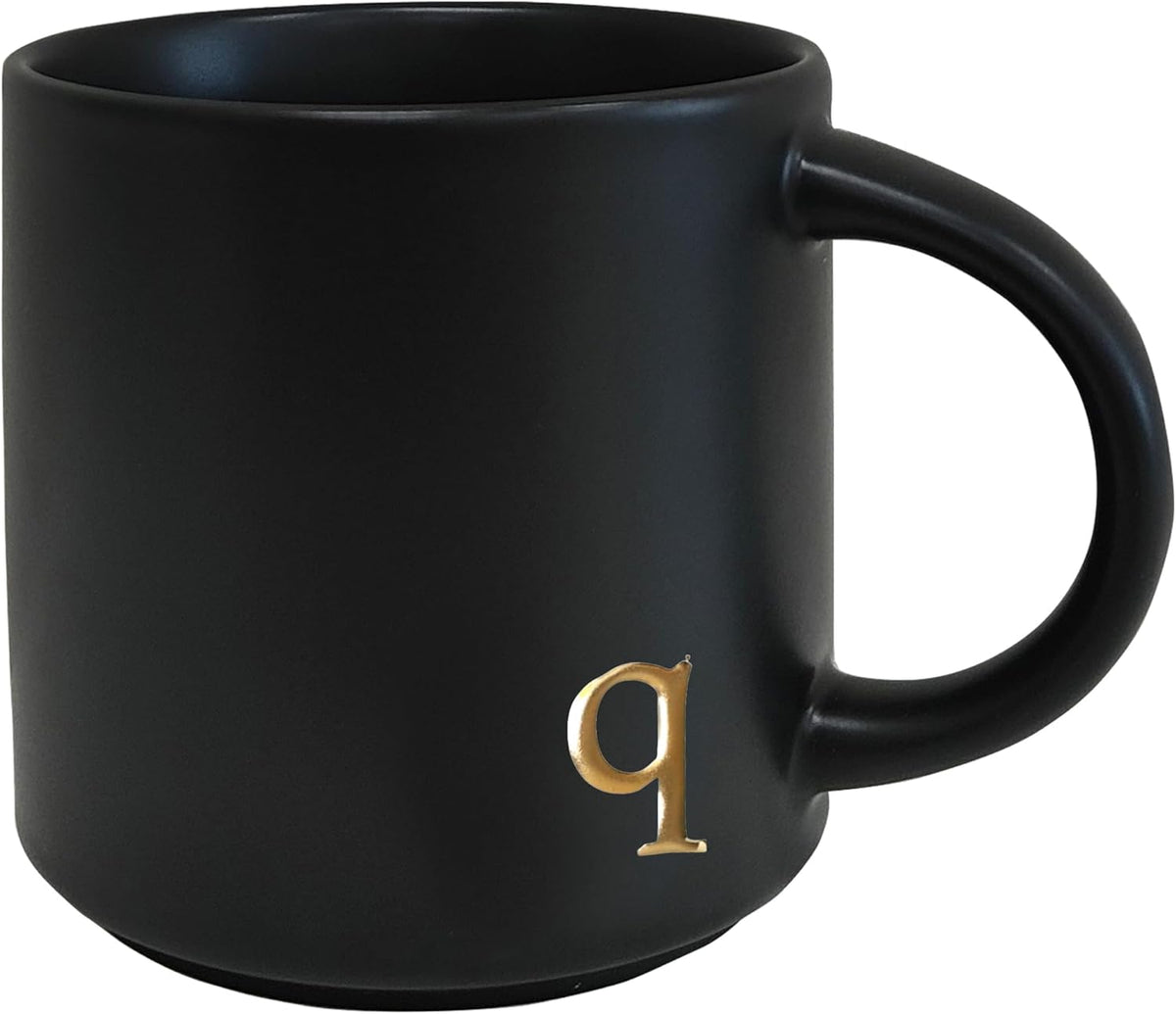 COLLECTIVE HOME - Black Monogram Ceramic Mugs, 15 oz Golden Initial Coffee Cups, Elegant Alphabet