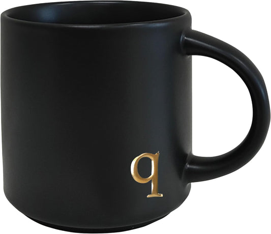 COLLECTIVE HOME - Black Monogram Ceramic Mugs, 15 oz Golden Initial Coffee Cups, Elegant Alphabet