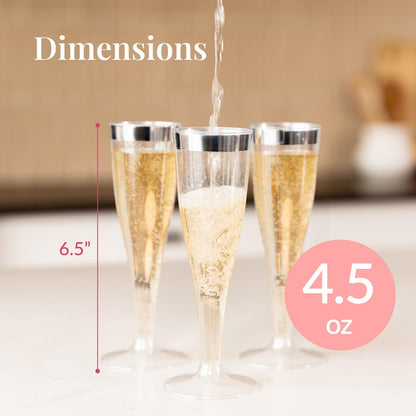 Prestee Set of 24 Silver Glitter Plastic Champagne Flutes - 4.5 oz Capacity - Shatterproof Durable