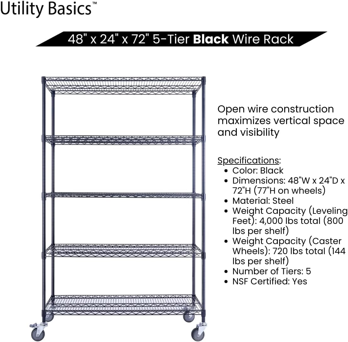 48"x24"x72" Black 5-Tier Premium Wire Shelving NSF 4000 LBS MAX Capacity Heavy Duty Steel Storage
