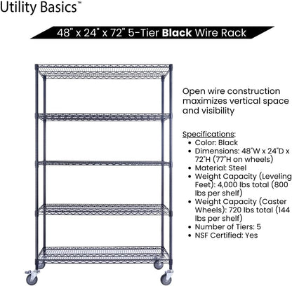 48"x24"x72" Black 5-Tier Premium Wire Shelving NSF 4000 LBS MAX Capacity Heavy Duty Steel Storage
