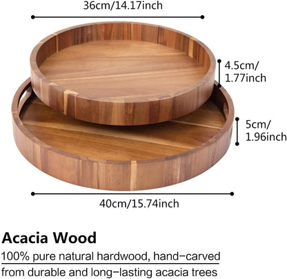 Round Wood Serving Trays Set of 2, Ottoman Tray Rustic Acacia Wooden Trays with Handles, Nesting