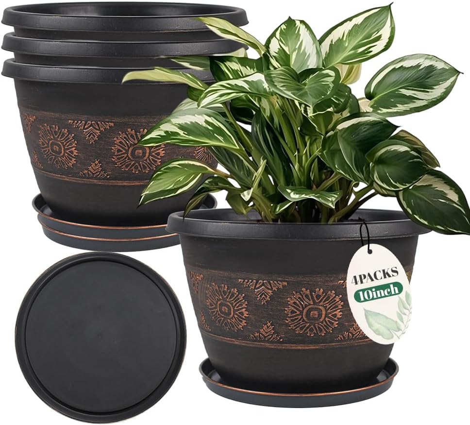 4 Pack 10 inch Plant Pots, Retro Pattern Planters with Drainage Holes and Saucer, Sturdy Plastic