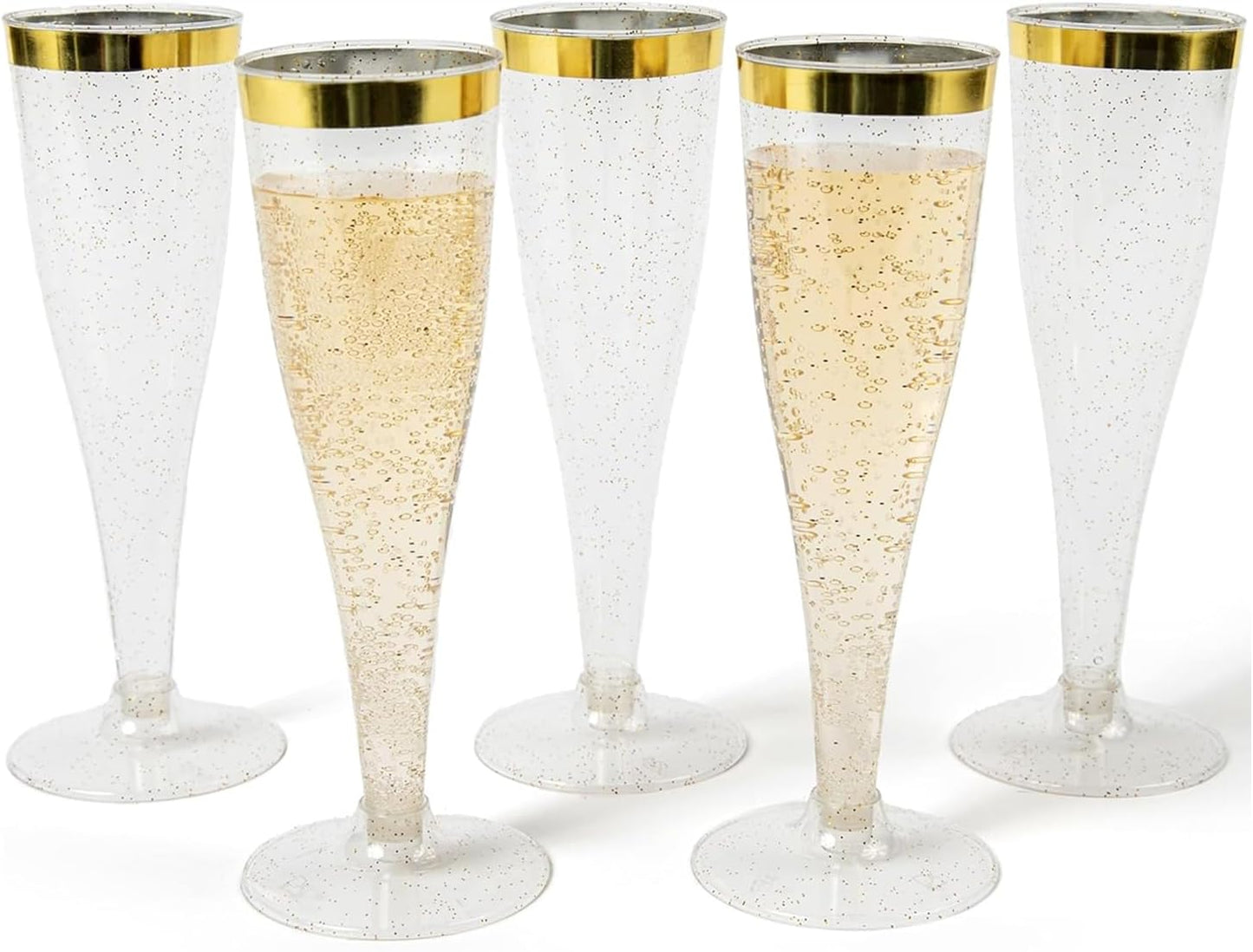 Prestee 48 Disposable Plastic Champagne Flutes with Gold Rim Glitter - Clear Toasting Glasses for