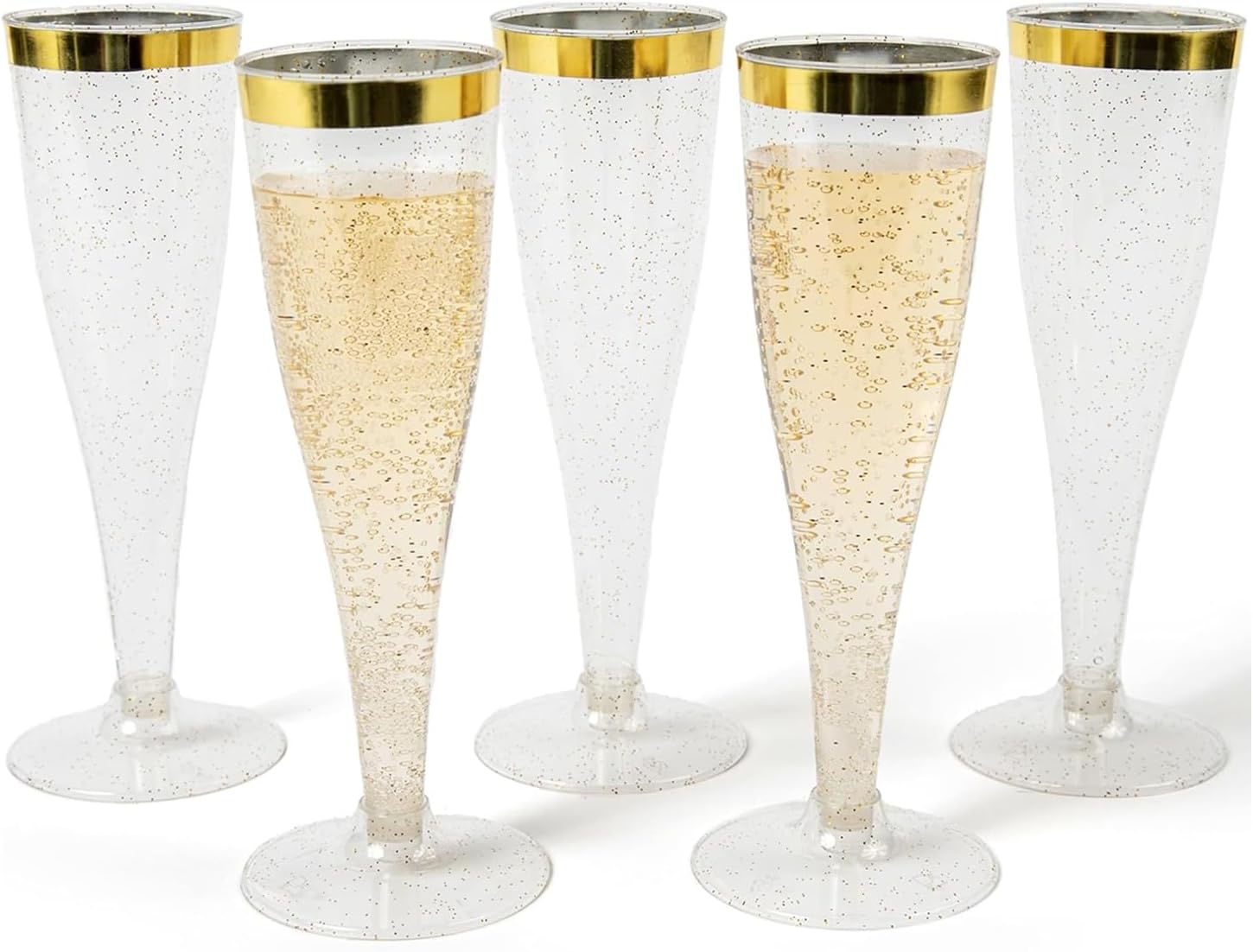 Prestee 48 Disposable Plastic Champagne Flutes with Gold Rim Glitter - Clear Toasting Glasses for