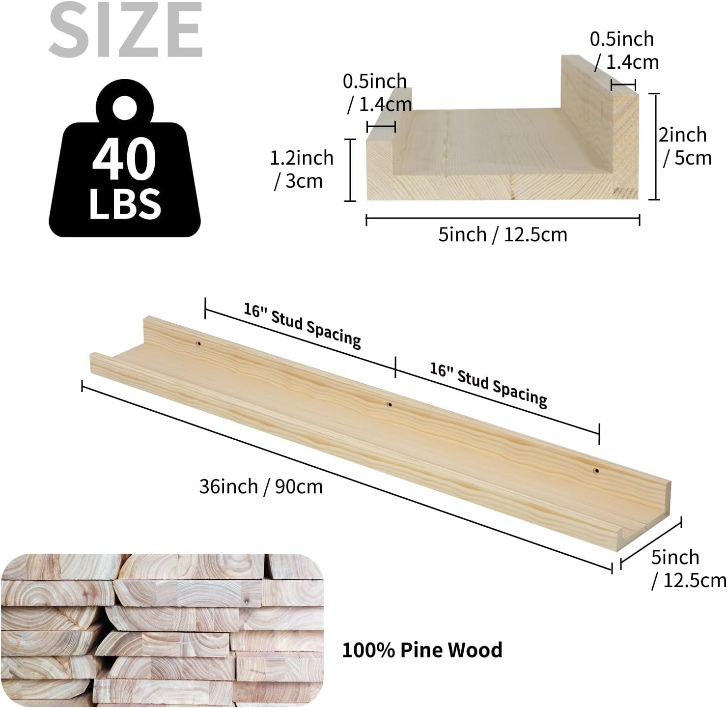 SAUMONIERES Picture Ledge Shelf Floating Book Shelves Set of 2 Wall Mounted Solid Wood for Bedroom