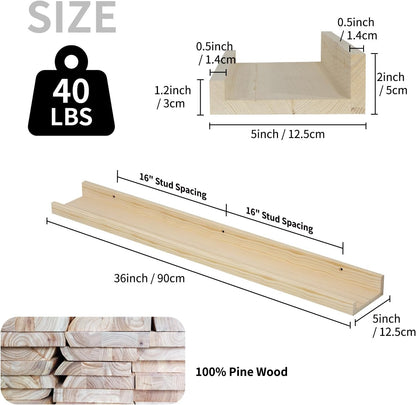 SAUMONIERES Picture Ledge Shelf Floating Book Shelves Set of 2 Wall Mounted Solid Wood for Bedroom