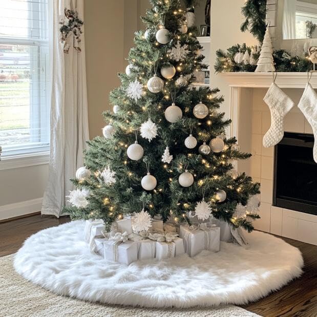 AOGU 48 Inch Faux Fur Christmas Tree Skirt White Plush Skirt for Merry Christmas Party Christmas