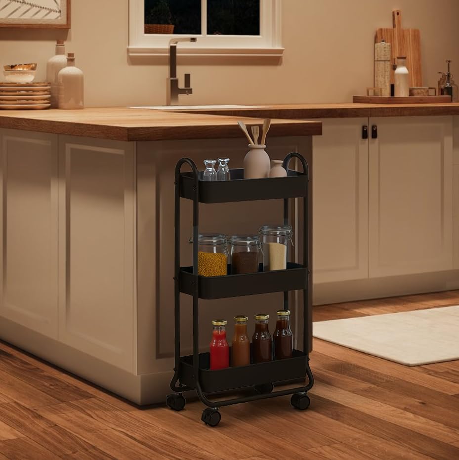 SunnyPoint Slim Rolling Storage Cart, 3 Tier Bathroom Storage Organizer Bathroom, Laundry Utility