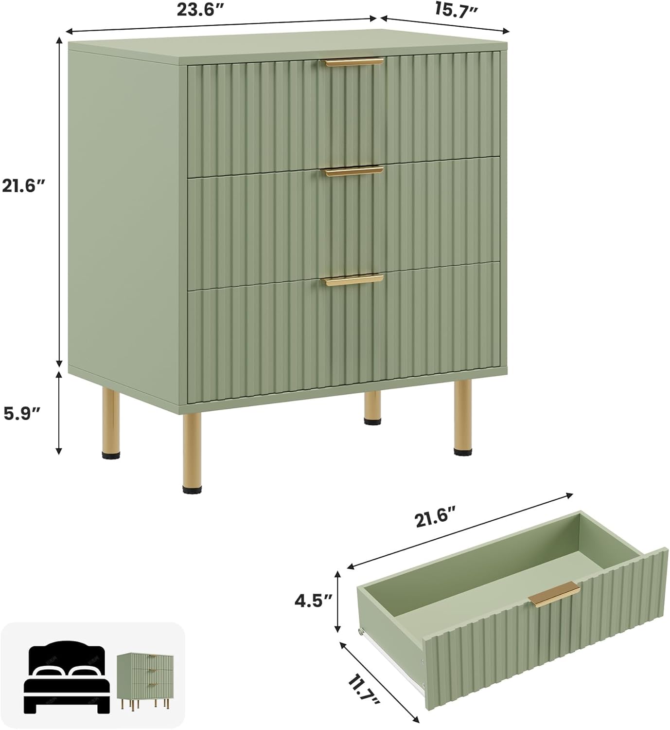 Green 3 Drawer Dresser for Bedroom, Fluted Modern Nightstand with Deep Drawers, Chest of Drawers