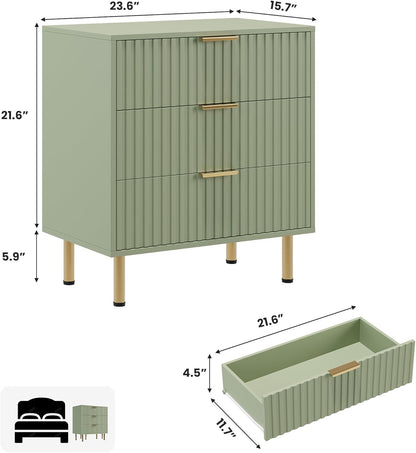 Green 3 Drawer Dresser for Bedroom, Fluted Modern Nightstand with Deep Drawers, Chest of Drawers