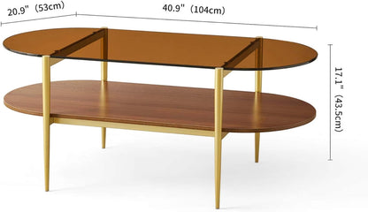 Oval Glass Coffee Table, Mid-Century Modern Design, L41 x W21 x H17 inch, for Living Room, 2-Tier