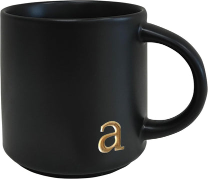 COLLECTIVE HOME - Black Monogram Ceramic Mugs, 15 oz Golden Initial Coffee Cups, Elegant Alphabet