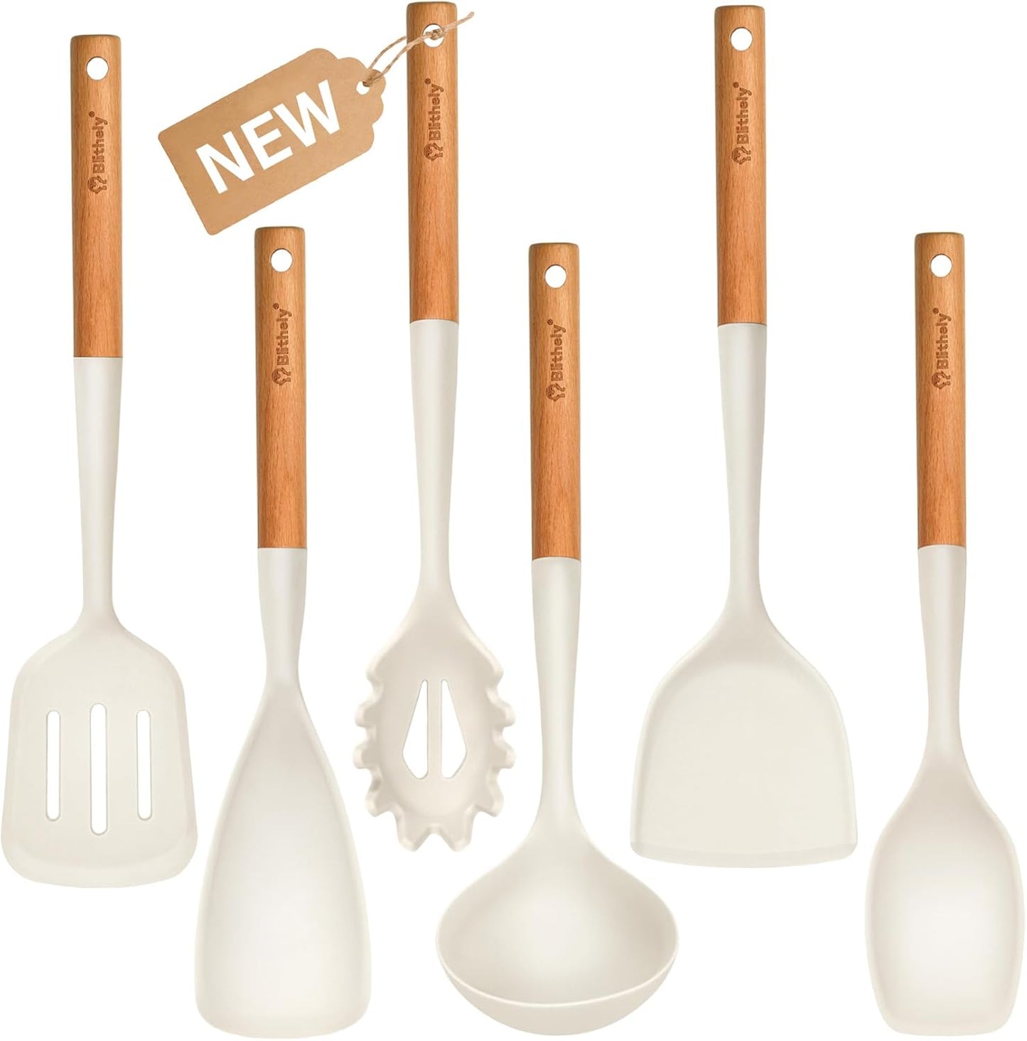Silicone Cooking Utensils Set, 6 Pack Large Kitchen Utensils Set with Wooden Handle, Heat Resistant