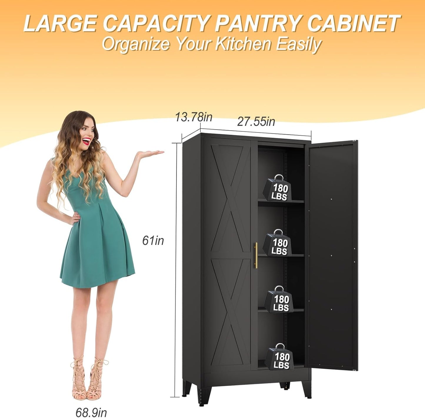 61" H Metal Kitchen Pantry Storage Cabinet, Freestanding Cupboard with 2 Doors and 3 Adjustable