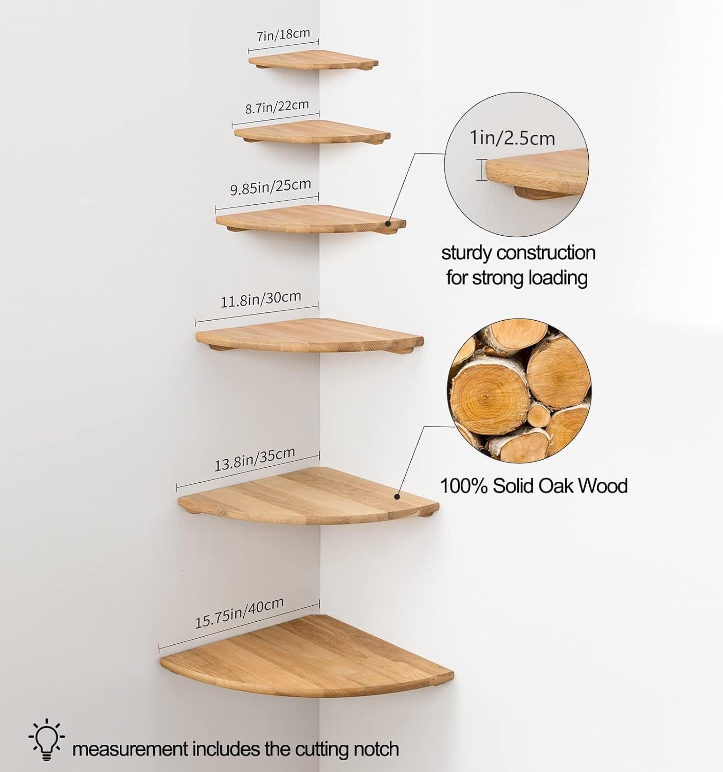 Corner Shelf, 12inch Solid Oak Wood Floating Corner Shelves Wall Mount Round End Floating Speaker