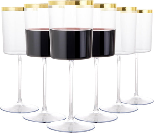 Ciaell 12 Pack Plastic Wine Glasses - 14 Oz Plastic Wine Glasses with Stem - Square Gold Disposable