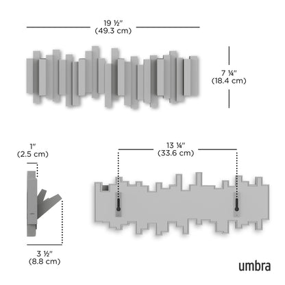 Umbra Sticks Wall Mount Coat Rack, 5 Hook Retractable Pegs, Grey