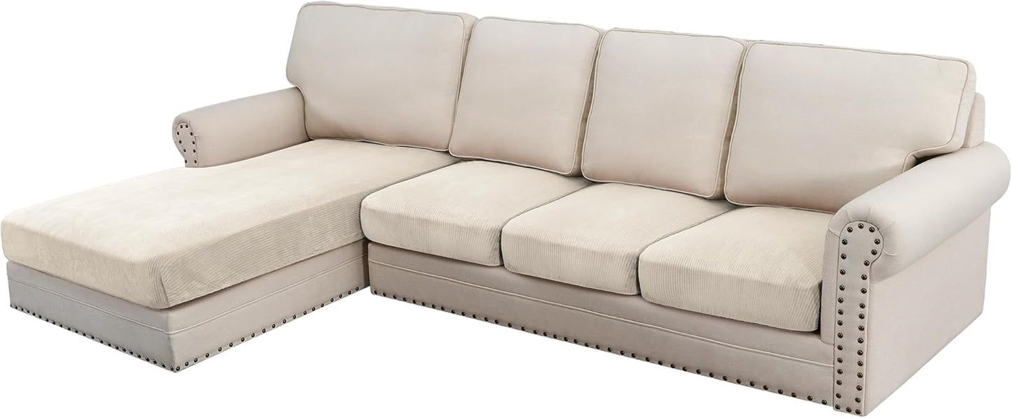 H.VERSAILTEX Velvet Stretch Sectional Couch Covers - 4 Piece Set, L Shape, Ivory Striped (Large