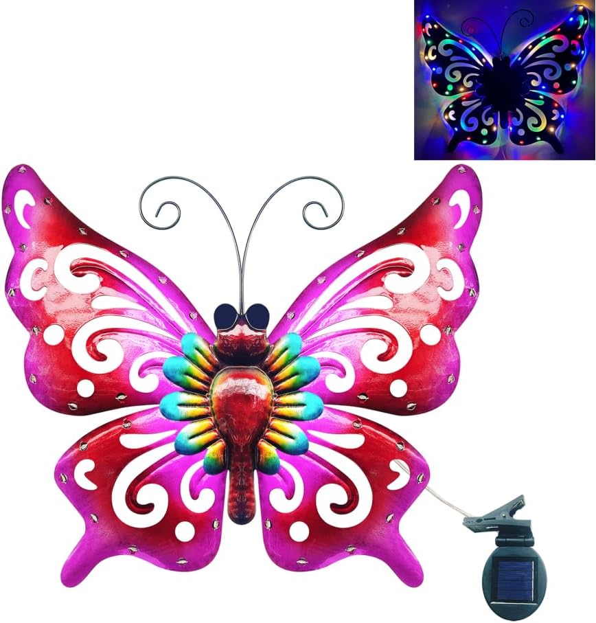 Solar Garden Light, Metal Butterfly Wall Art, 19" Large Hanging Decor for Garden Patio Fences Porch