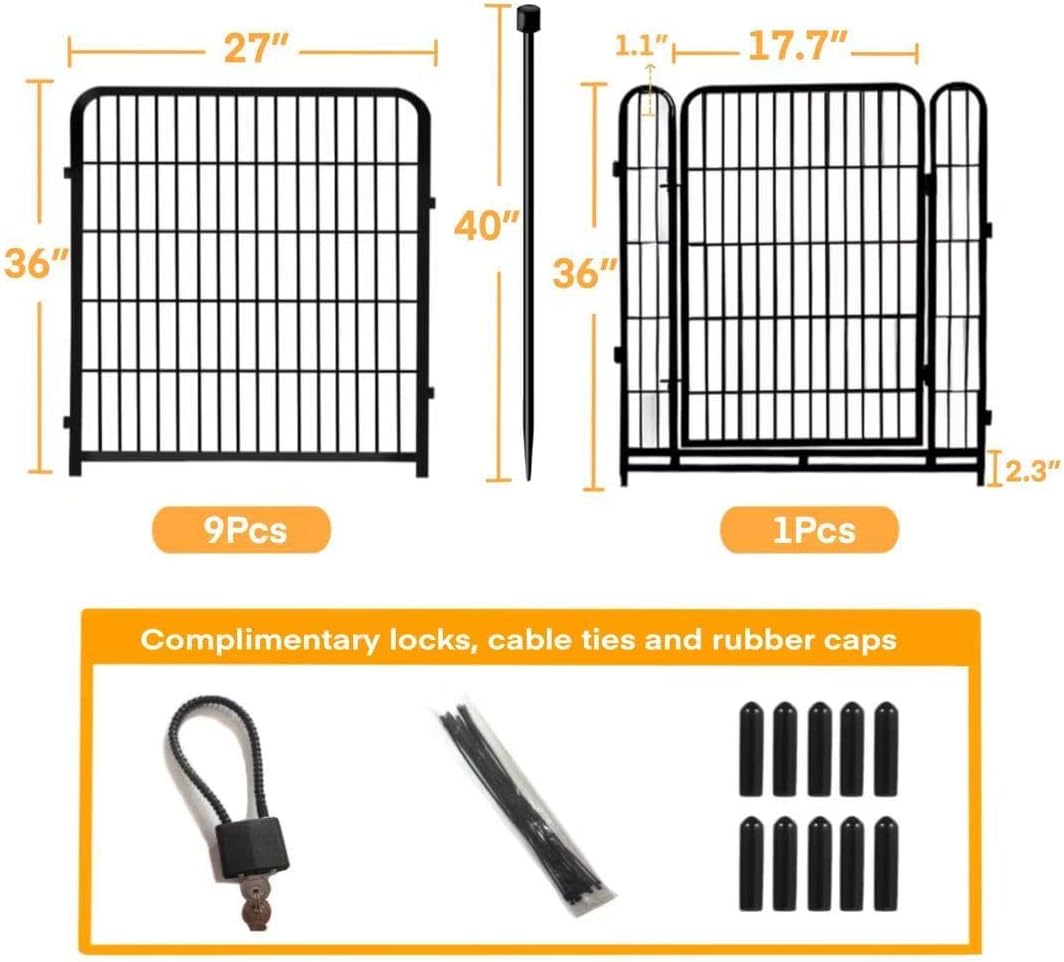 36 in(H) Garden Fence, Wide Gate Low Threshold, 10 Panels Total 22.1 Ft(L) Heavy Duty Iron Animal