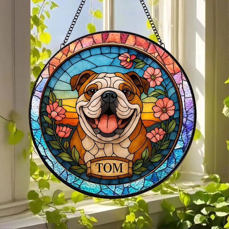 Custom Stained Glass with Pet Portrait & Name, Personalized Window Hanging, Pet Loss Memorial Gift