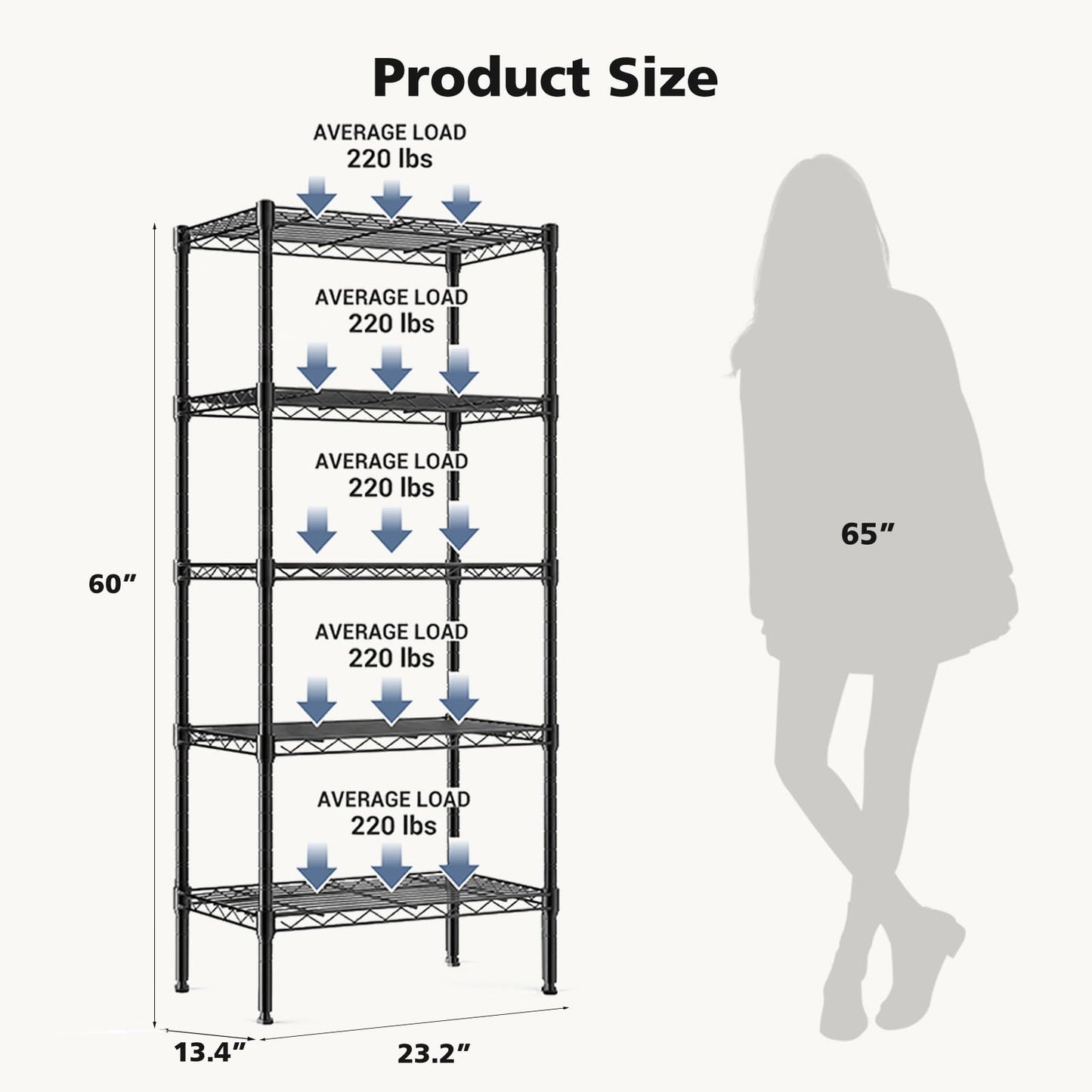 DUMOS 5-Tier Metal Storage Shelves, Wire Shelving, Storage Rack, 23.2" W