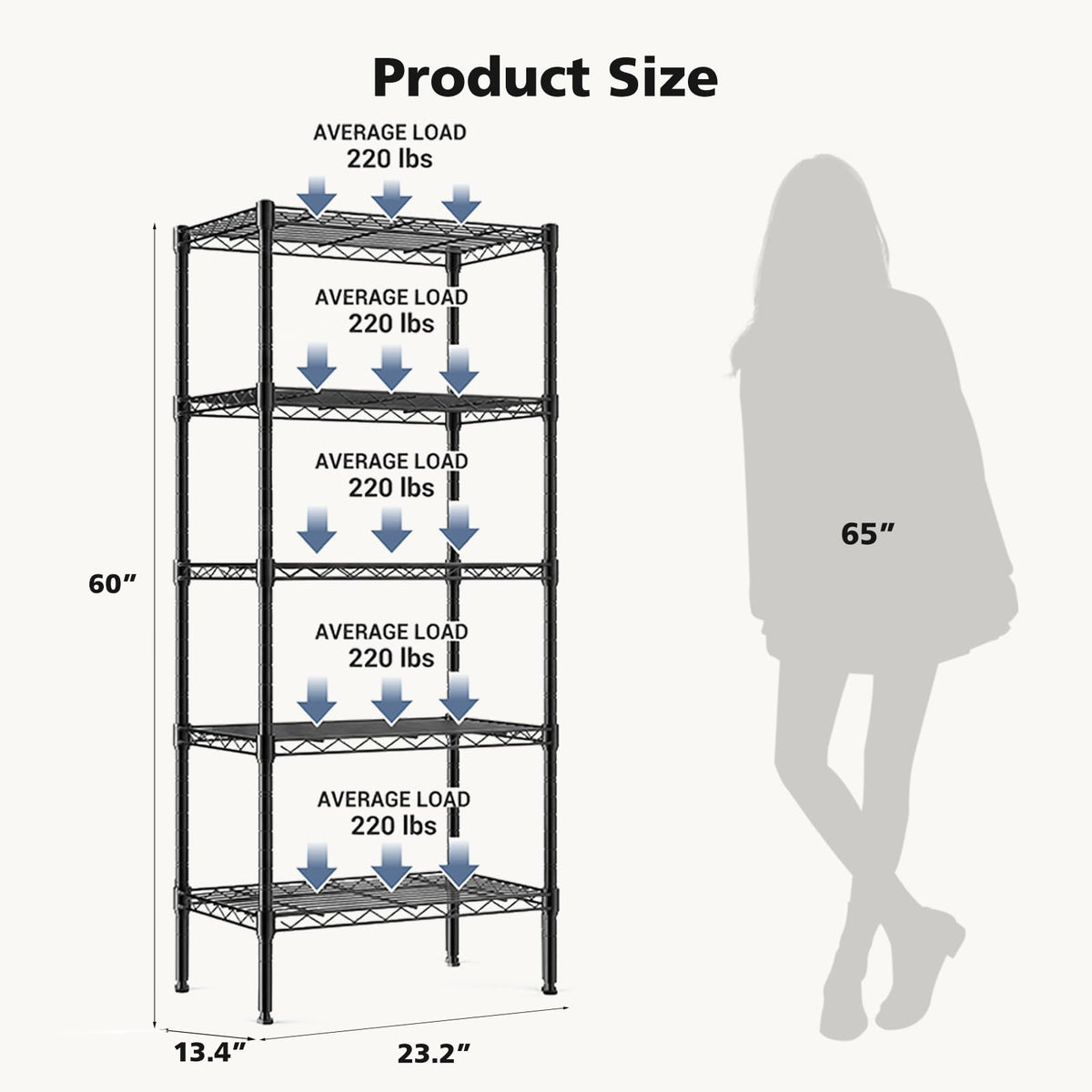 DUMOS 5-Tier Metal Storage Shelves, Wire Shelving, Storage Rack, 23.2" W
