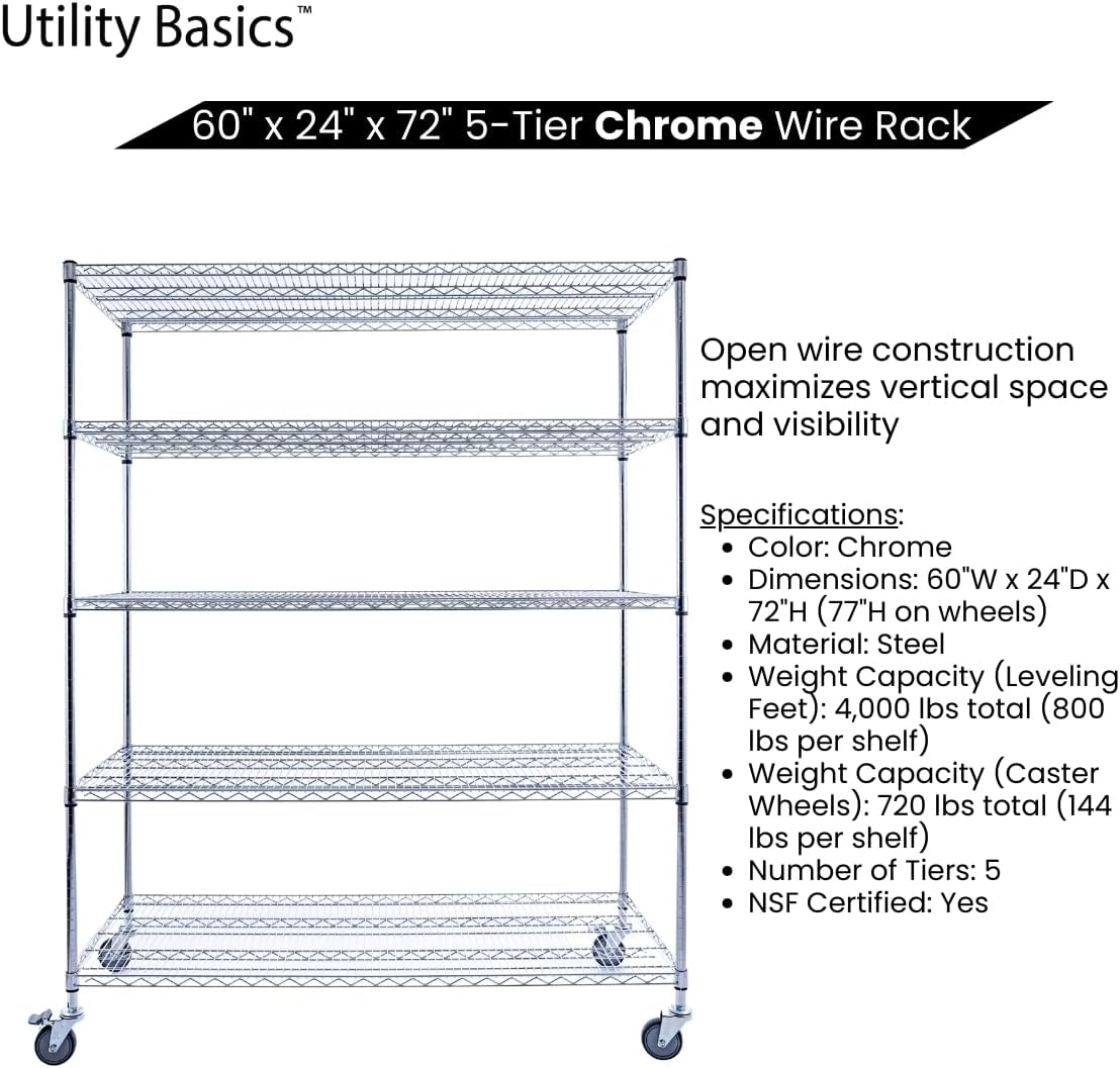 60"x24"x72" Chrome 5-Tier PREMIUM Wire Shelving NSF 4000 LBS MAX CAPACITY Heavy Duty Steel Storage