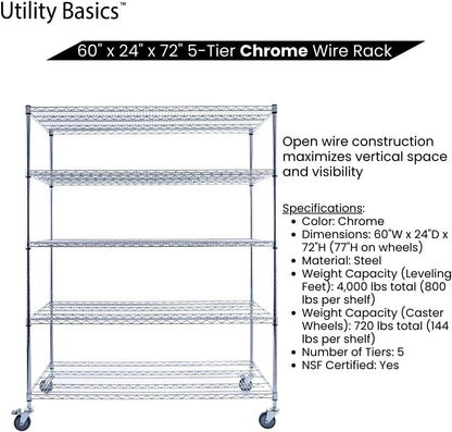 60"x24"x72" Chrome 5-Tier PREMIUM Wire Shelving NSF 4000 LBS MAX CAPACITY Heavy Duty Steel Storage