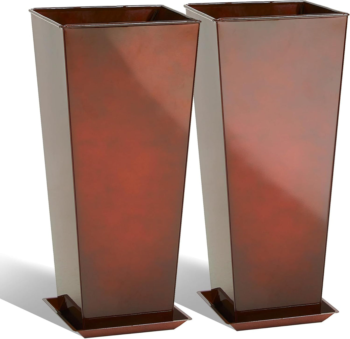 KOL 25''H. Galvanized Steel Planter with Saucer, Tall Glazed Planter Pots for Indoor & Outdoor Use