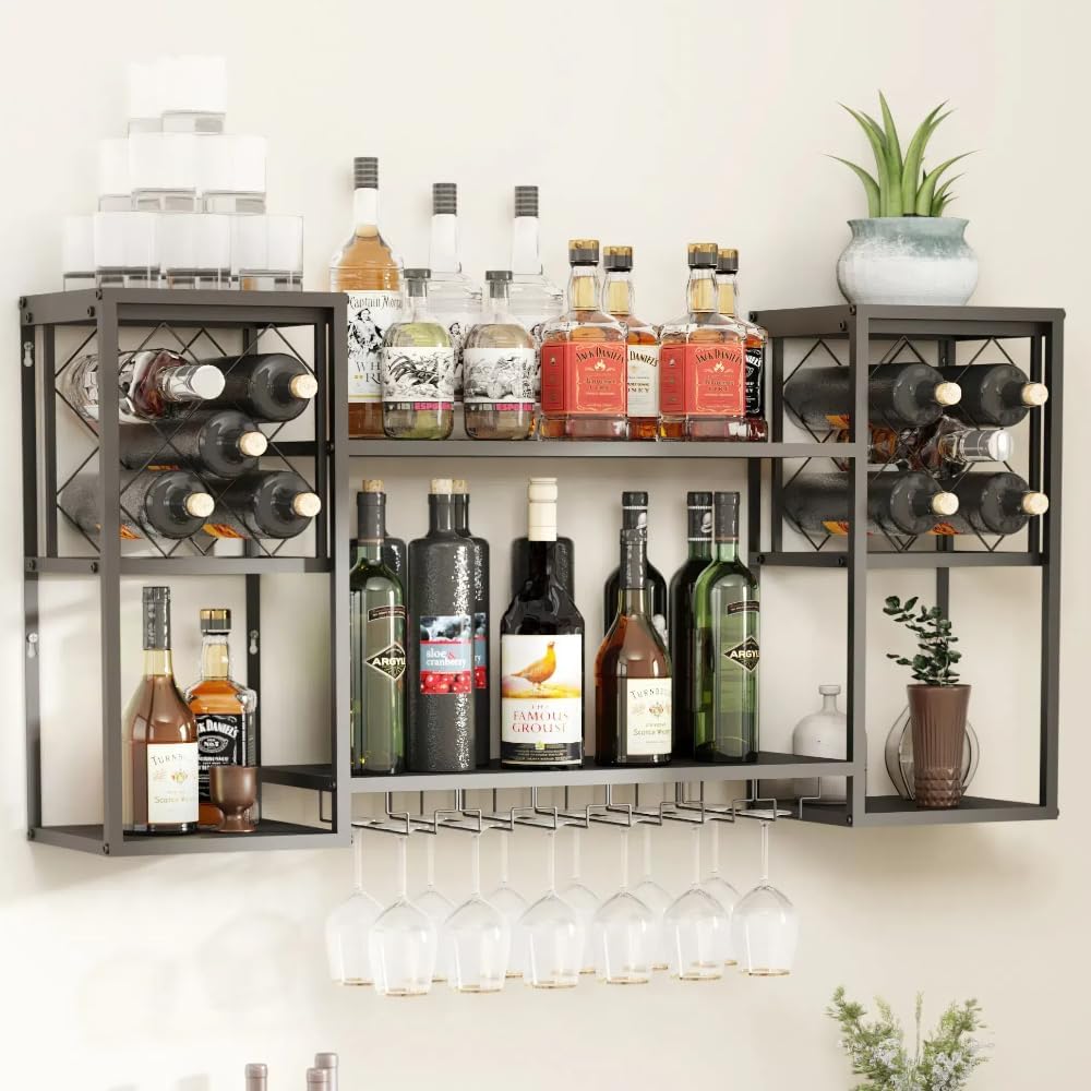 Wall Mounted Wine Rack with Glass Holder,Metal Floating Bar Liquor Shelves 2 Tier,Wine Glass Rack