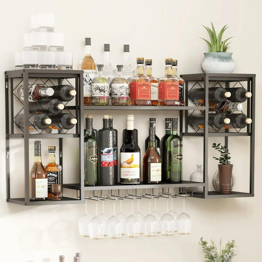 Wall Mounted Wine Rack with Glass Holder,Metal Floating Bar Liquor Shelves 2 Tier,Wine Glass Rack