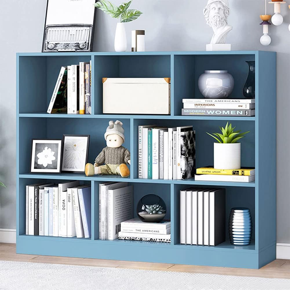 IOTXY Open Shelf Low Bookcase - Wooden 3-Tier Floor Standing Display Cabinet Organizer with Base, 8